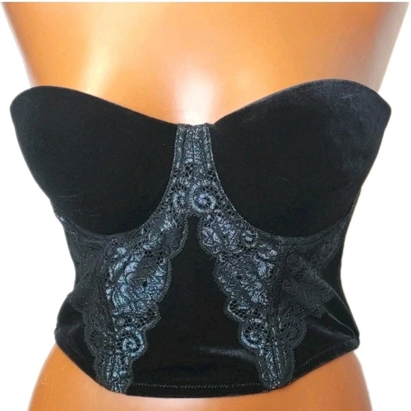 Y2k Vtg Victoria Secret Velvet Corset Bra Woman 36C Black Lace Underwire Pushup - Picture 1 of 16
